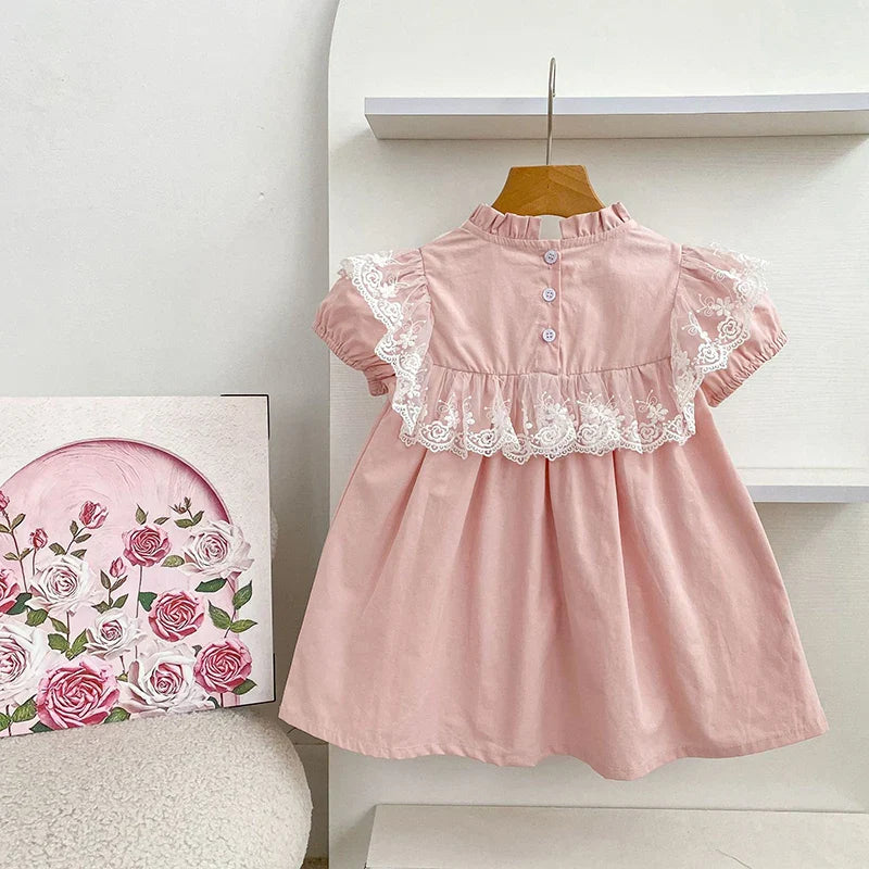 2026 New Summer Sister Clothing Short Sleeved Cotton Embroidery Kids Princess Dress 2-6Y Baby Girl Birthday Party Lace Dress