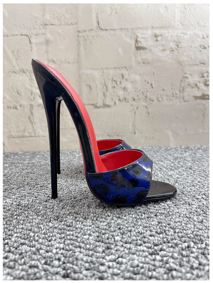 New 12cm fashionable high-heeled patent leather leopard print slippers with sexy open toed sandals, reversed size, 33-46