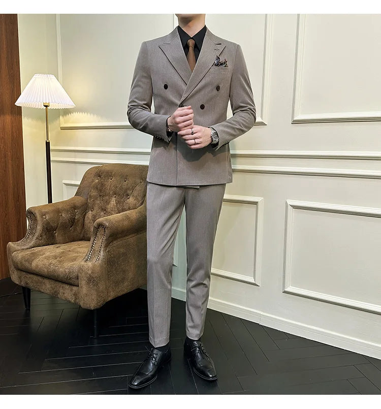 ( Blazers + Pants ) Boutique Fashion Solid Color Double-breasted Men's Casual Business Slim Suit 2-piece Set Groom Wedding Dress