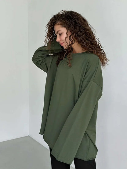 Women Summer 100% Cotton T-shirt Bottoming Spring Basic Fashionable Solid Lady Long Sleeve Loose Tops Shirts