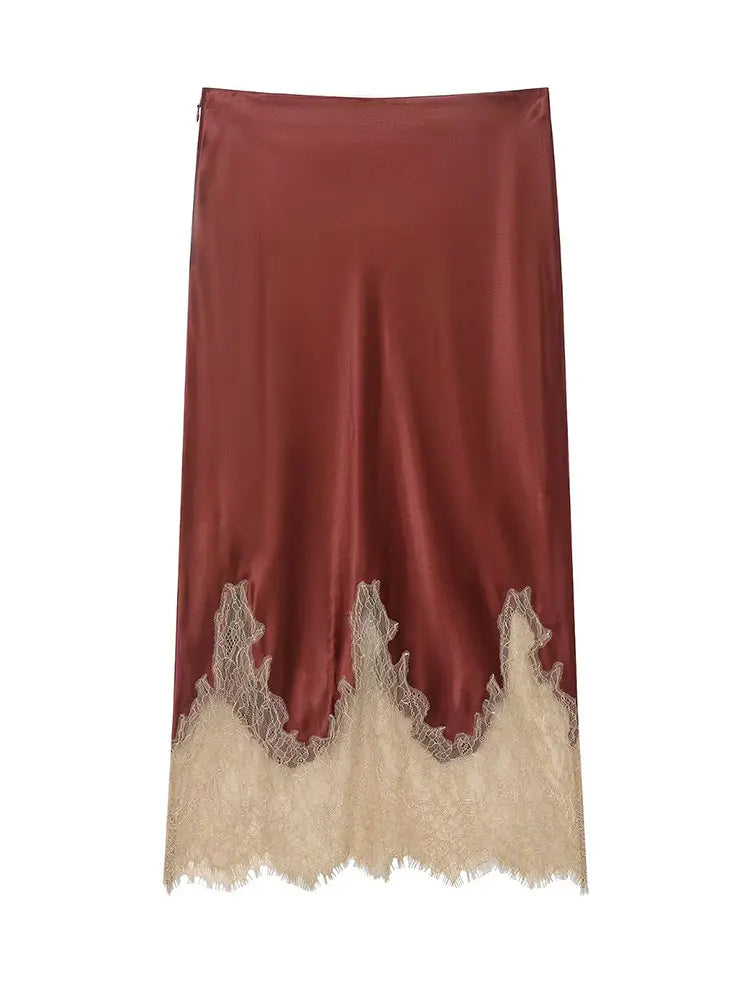 Women Lace Patchwork Midi Skirt Slim High Waist Satin Skirts Summer Trend Woman Elegant Evening Party Chic Skirts ﻿Mujer