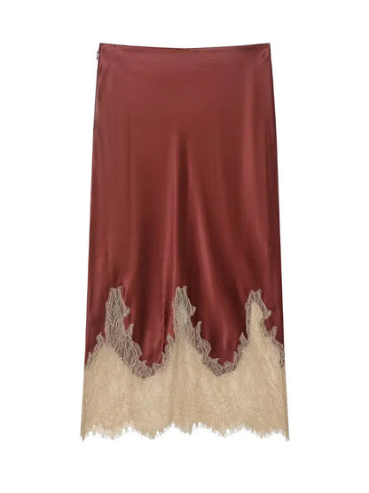 Women Lace Patchwork Midi Skirt Slim High Waist Satin Skirts Summer Trend Woman Elegant Evening Party Chic Skirts ﻿Mujer