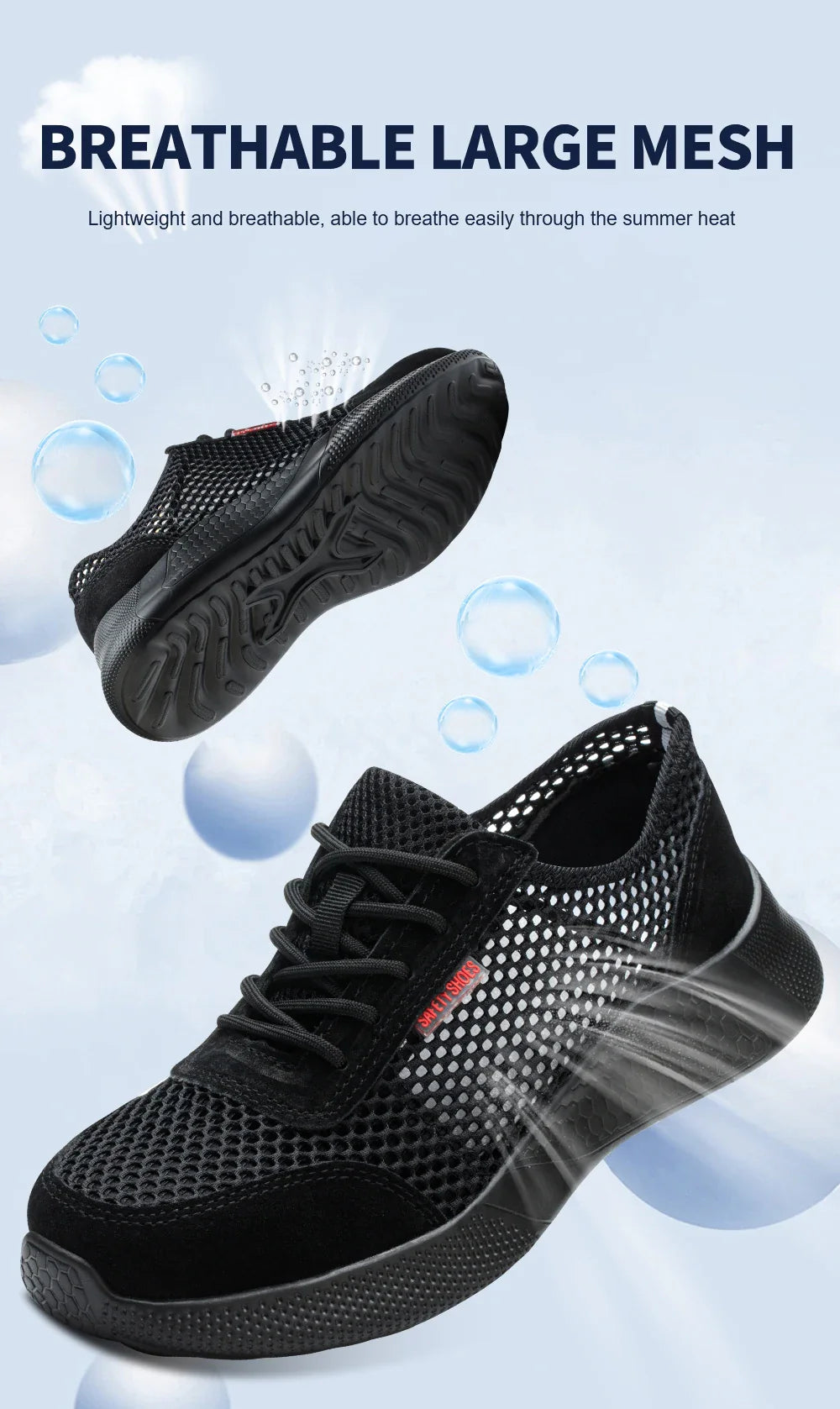 Men's Summer Steel Toe Safety Shoes Anti-Crush And Piercing Breathable Lightweight Outdoor Pure Black Work Shoes