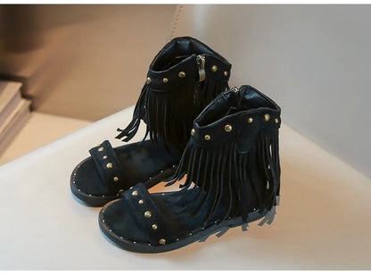 One-strap Summer Roman Shoes for Girls Tassel Rivets High-top Sandals Little Girl Soft Sole Bohemian Dress Shoes Child I06133