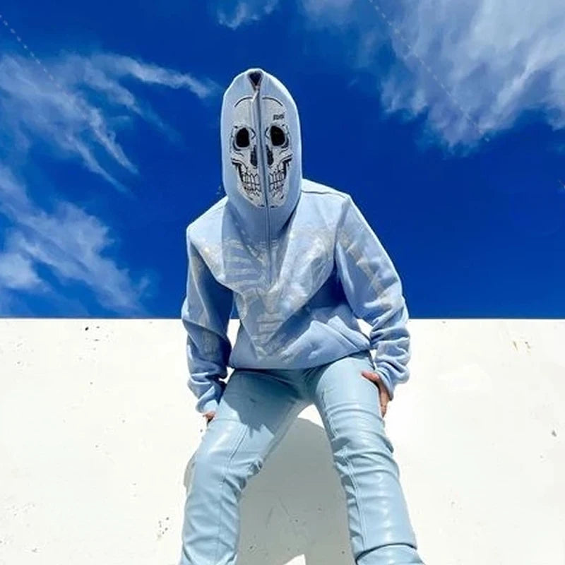 Gothic Long Sleeve Rhinestone Skeleton Hoodie Y2k Jacket Men Hoodies Oversized Full Zip Hoodie Goth Sweatshirt Sport Coat Autumn