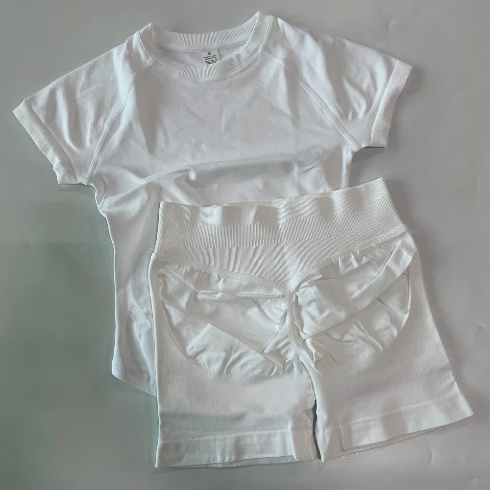 2 Piece Sets Women Outfit Longline Short Sleeve Gym Crop Top High Waist Workout Shorts Sports Suit Fitness Clothes Yoga Set