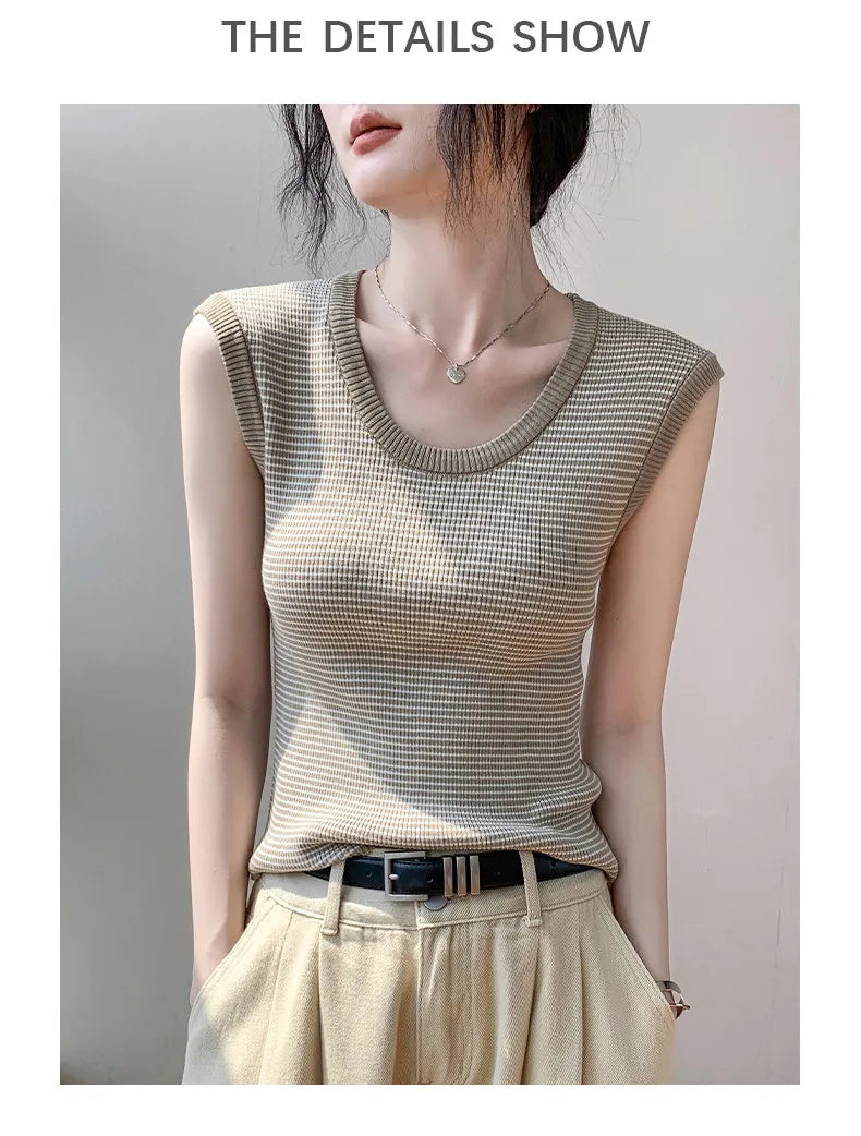 2026 Spring Summer O-Neck Striped Vest Top Simple Slim Fit Sleeveless Casual Versatile Women's Tank Top