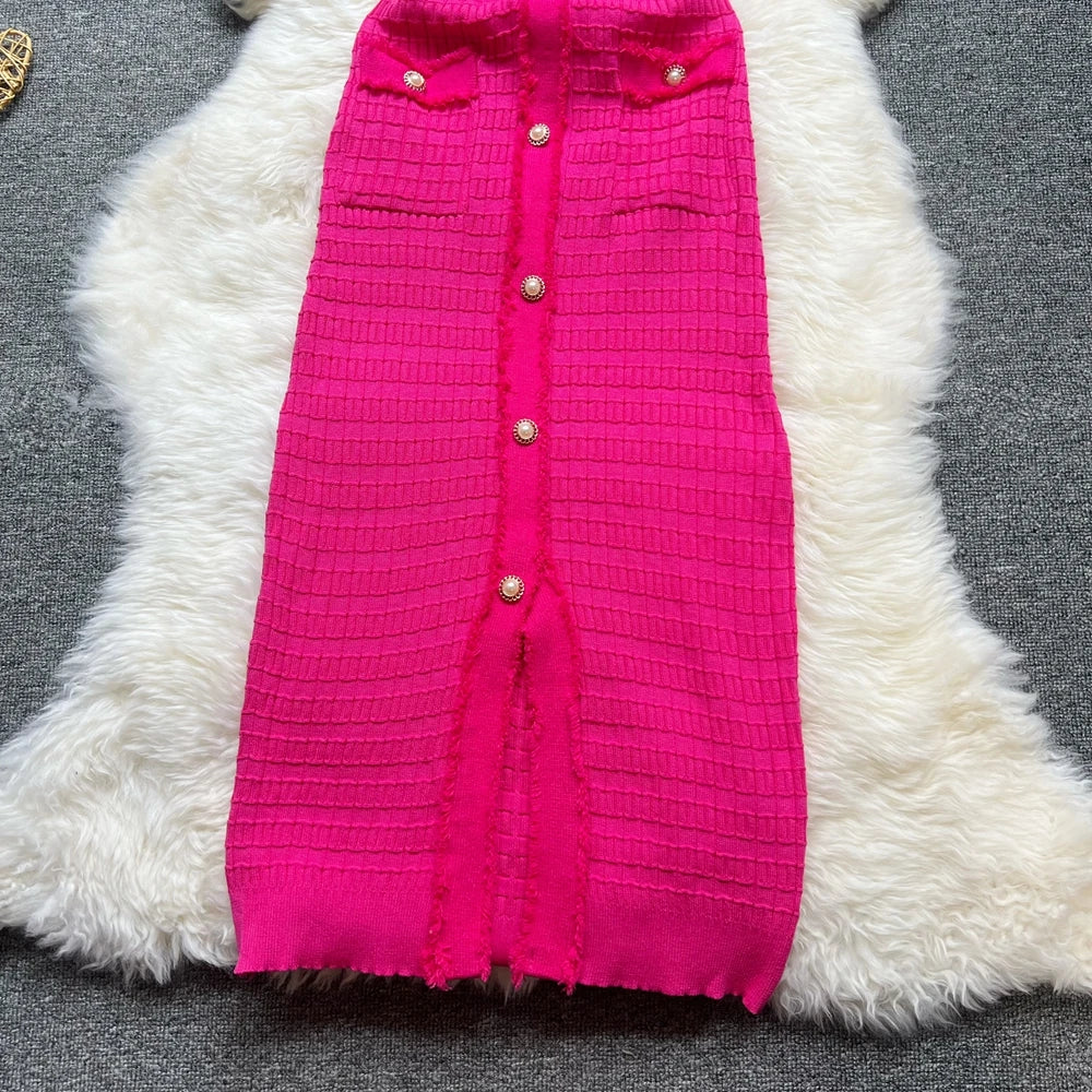 Fashion Sexy Package Hips Knitted Dress Women V-neck Single-breasted Bodycon Sweater Dress Office Lady Vestidos