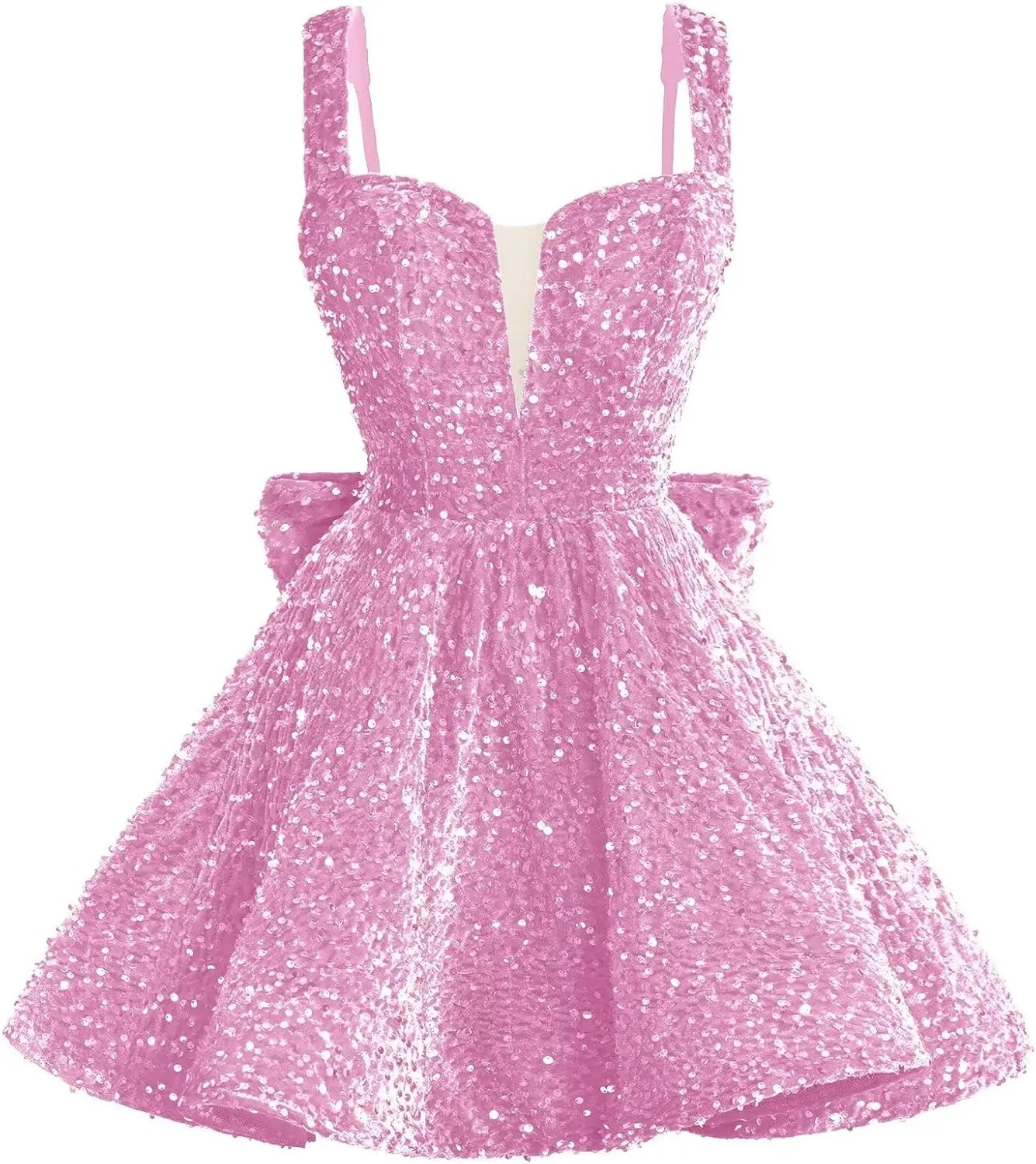 Sparkly Sequin Homecoming Dresses 2026 Short Spaghetti Straps V Neck Cocktail Party Gowns with Bow  Mini Dress Graduation Dress