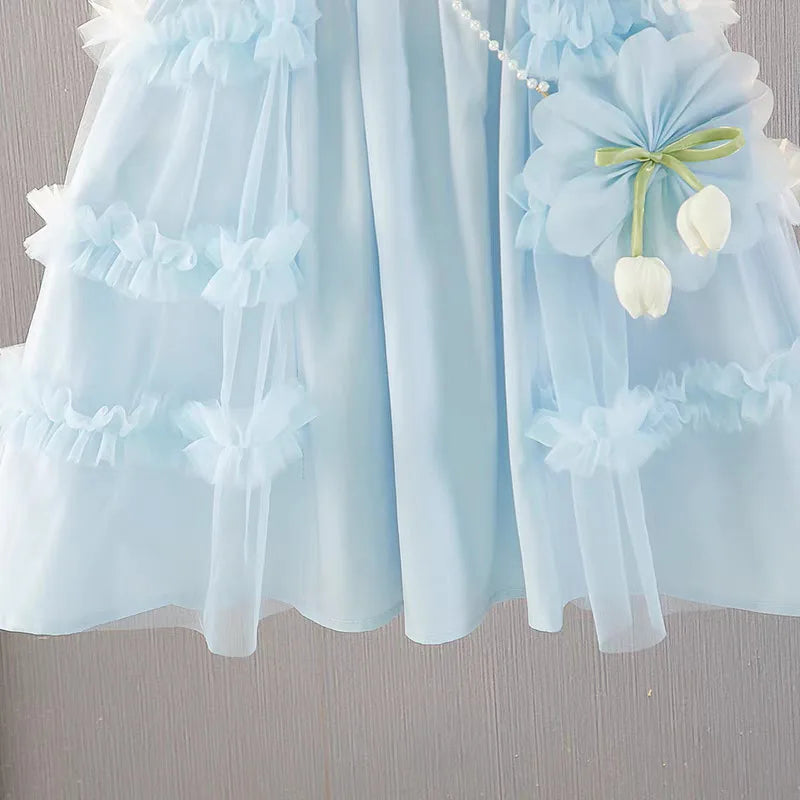 Cute blue lace sleeveless dress With Bag princess dress For 2-10 Yrs baby girls Children Clothes 6.1 Children's Day Clothing