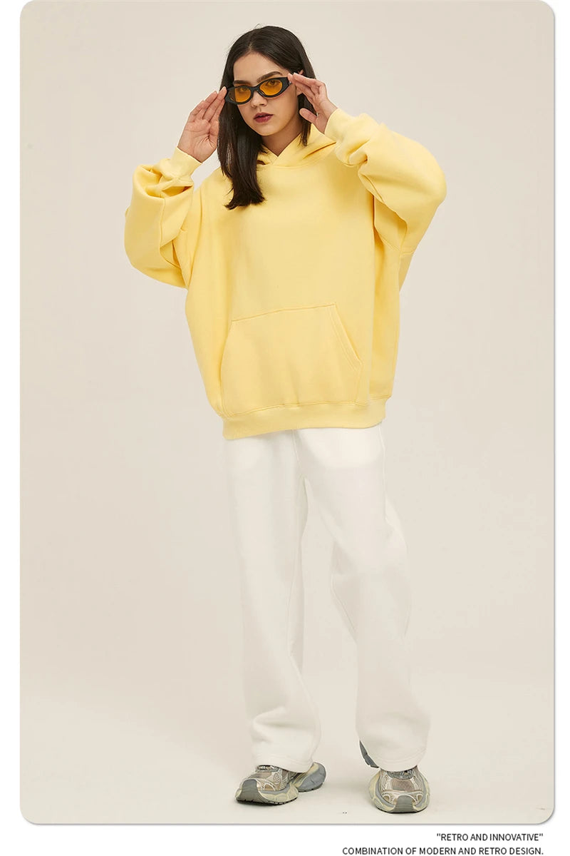 Thick 350gsm Fleece Hooded Hoodies For Men Unisex Winter Oversized Loose Basic Solid Sweatshirts Pullovers Coats HY0631