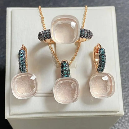 3Pcs Gun Black Plated Blue Zircon Jewelry Set for Women Includes Ring Earrings Necklace Elegant Crystal Blue Topaz Matching Gift
