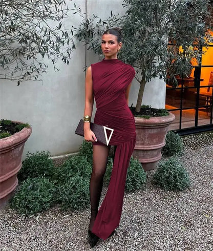 Summer Draped Ruched Sexy Mini Dress Women 2025 New Irregular High Waist Slim Fit Dress Female Elegant Club Tank Dress