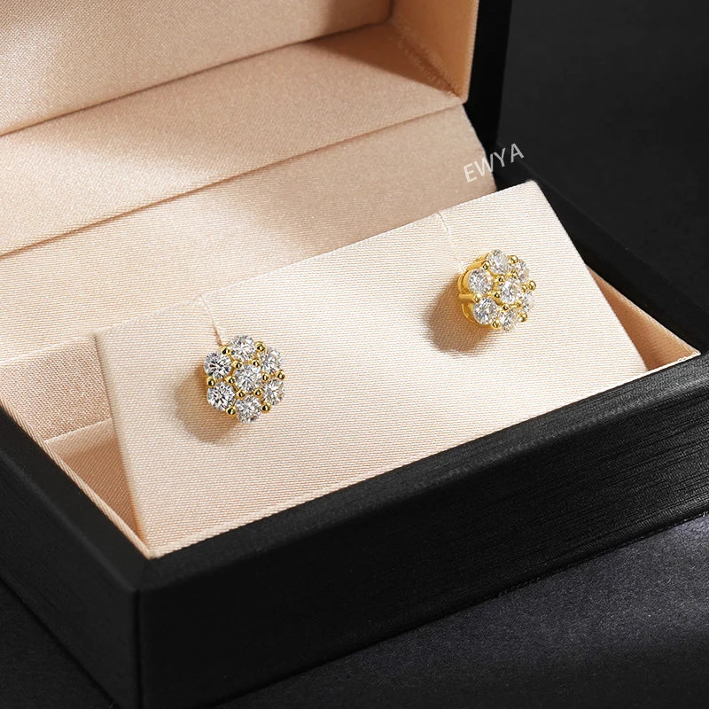 7-Stone Flower Full 2.5/3mm D Color Moissanite Stud Earrings for Women Silver 925 Plated 18K GRA Certified Party Earring