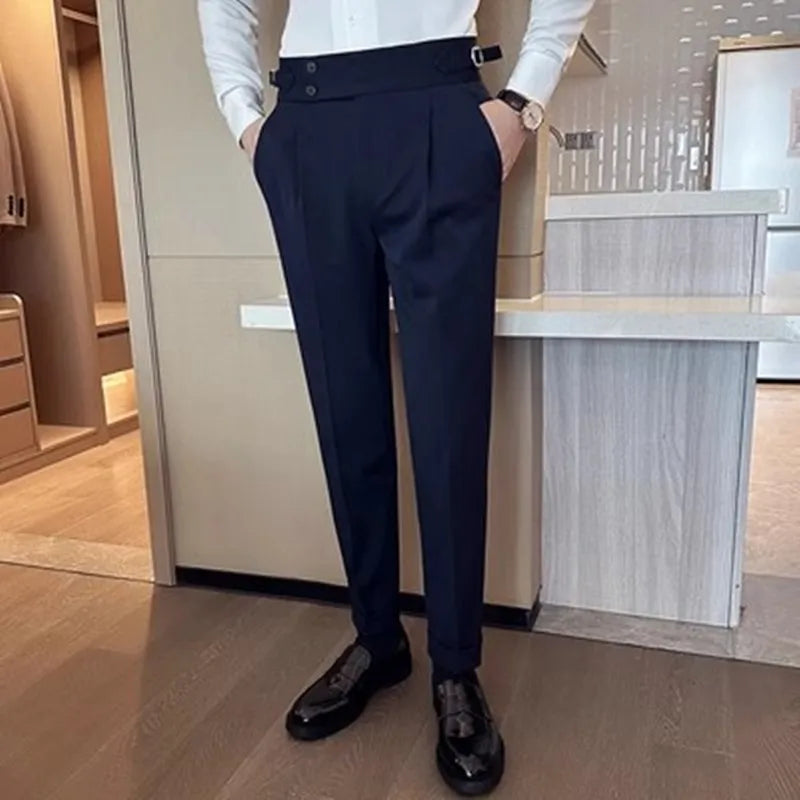New Spring Autumn High Waist Smart Casual Dress Pants Men Belt Design Slim Suit Pants Formal Wedding Social Party Mens Trousers