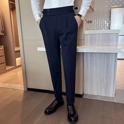 New Spring Autumn High Waist Smart Casual Dress Pants Men Belt Design Slim Suit Pants Formal Wedding Social Party Mens Trousers