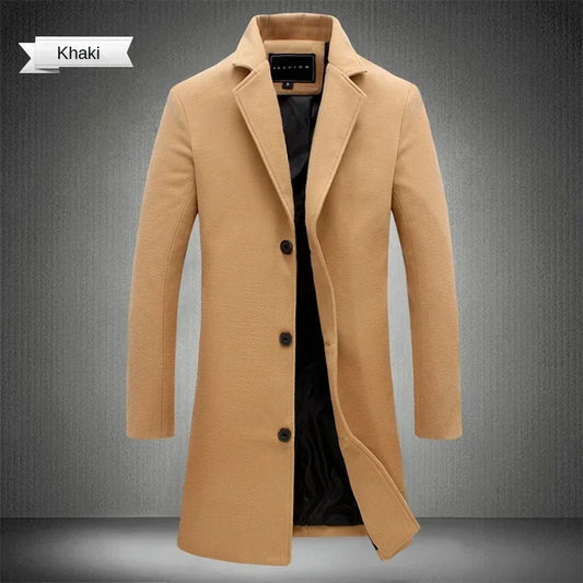 Men Long Cotton Coat 2025 Autumn Winter Wool Blend Pure Color Business Casual Slim Fit Windbreaker Jacket Fashion Men Clothing