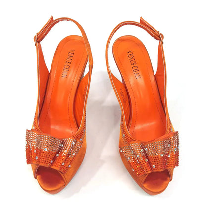 Women High Heels Sandals Printing Flower Material with Rhinestone Italian Design Coffee Color Open-Toed Shoes