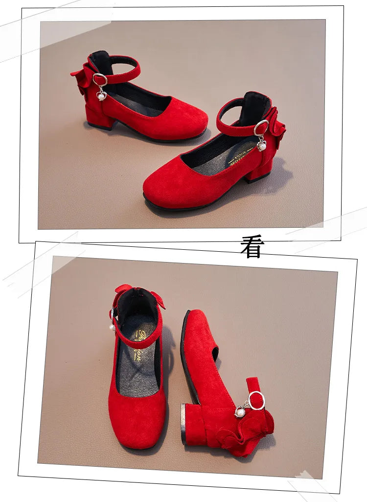 Little Girls Leather Shoes High Heel Baby Girls Party Shoes Bowknot Kid High Heel Shoes for 2023 Spring Princess Pink Shoes PU