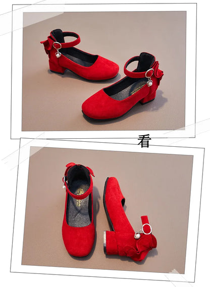 Little Girls Leather Shoes High Heel Baby Girls Party Shoes Bowknot Kid High Heel Shoes for 2023 Spring Princess Pink Shoes PU