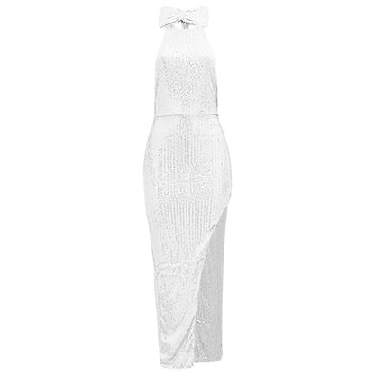 Women's Sequined Long Party Dresses Fashion Solid Color Hanging Neck Round Neck Bow Sleeveless Slit Long Dress Evening Dresses