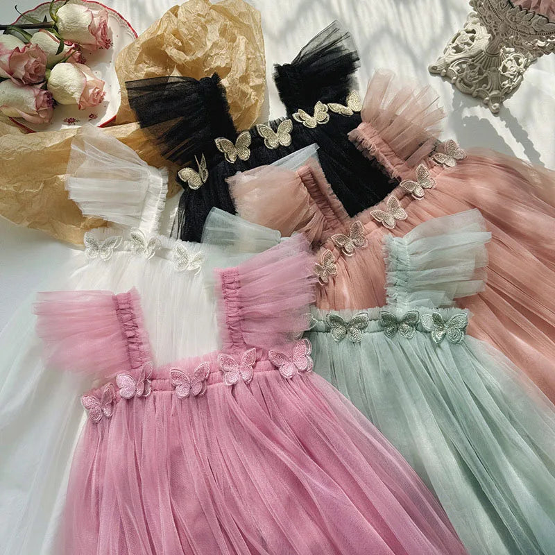 Vestidos de Tule de Malha de Princesa para Meninas, Tutu, Vestido de Aniversário de Sereia com Borboletas 3D para Crianças de 1 a 6 Anos, Vestido de Princesa Infantil