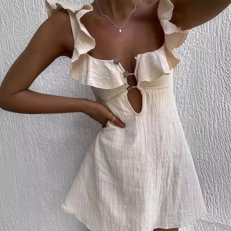 Hollow Out Button Ruffles Short Dress Sexy V Neck Sleeveless Solid Color Dress New Holiday Beach Cotton Linen Mini Dress