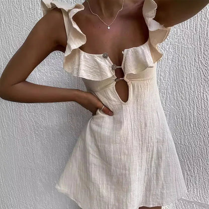 Hollow Out Button Ruffles Short Dress Sexy V Neck Sleeveless Solid Color Dress New Holiday Beach Cotton Linen Mini Dress