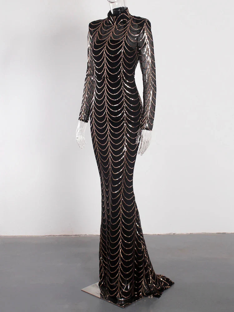 Vestido Formal Longo de Festa com Lantejoulas, Manga Comprida, Gola O Alta, Ombreiras, Forro Comprido, Vestido de Noite para Festa