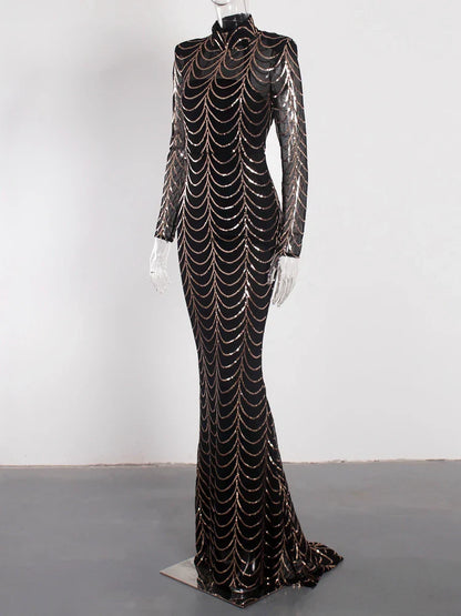 Vestido Formal Longo de Festa com Lantejoulas, Manga Comprida, Gola O Alta, Ombreiras, Forro Comprido, Vestido de Noite para Festa