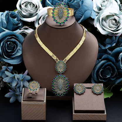 2024 Bridal Wedding Jewelry Set for Women Gold Plated Nigerian African 4pcs Jewelry Necklace Earrings Set Green Red CZ Zirconia