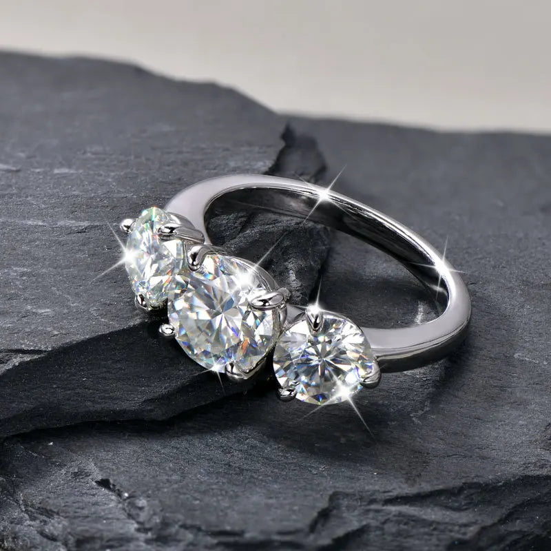 Round 8mm&6.5mm Moissanite Engagement Ring for Women 14K Gold Filled Three Stone Wedding Ring Sparkling Jewelry Gift