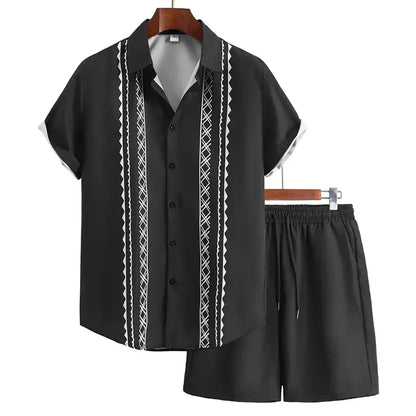 2024 New Men's Summer Holiday Suit Retro Textured Printed Border Shirt Short Sleeve Shorts Two Piece Men's Breathable Pool Suit