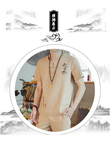 (Shirt + trousers) 2025 summer Chinese Style men shirt Cotton and linen shirts men's High quality casual shirts Two Piece M-5XL