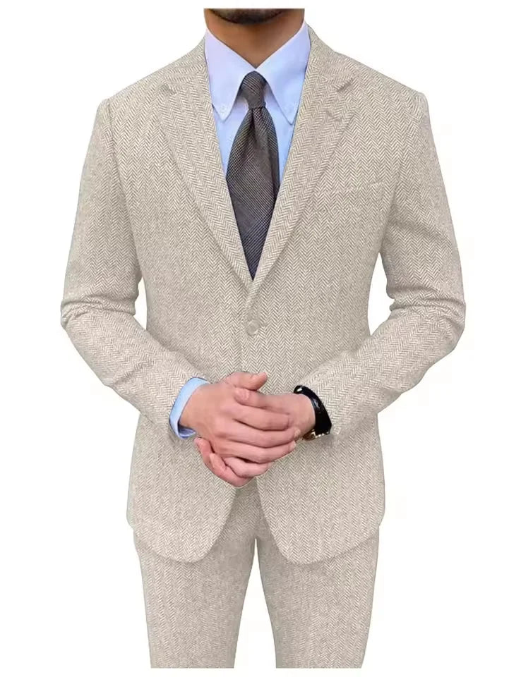 Retro British Men Suit 2 pieces (Blazer+ Vest + Pants)Single Breasted Suit Jacket Formal Fashion Herringbone Wedding Business
