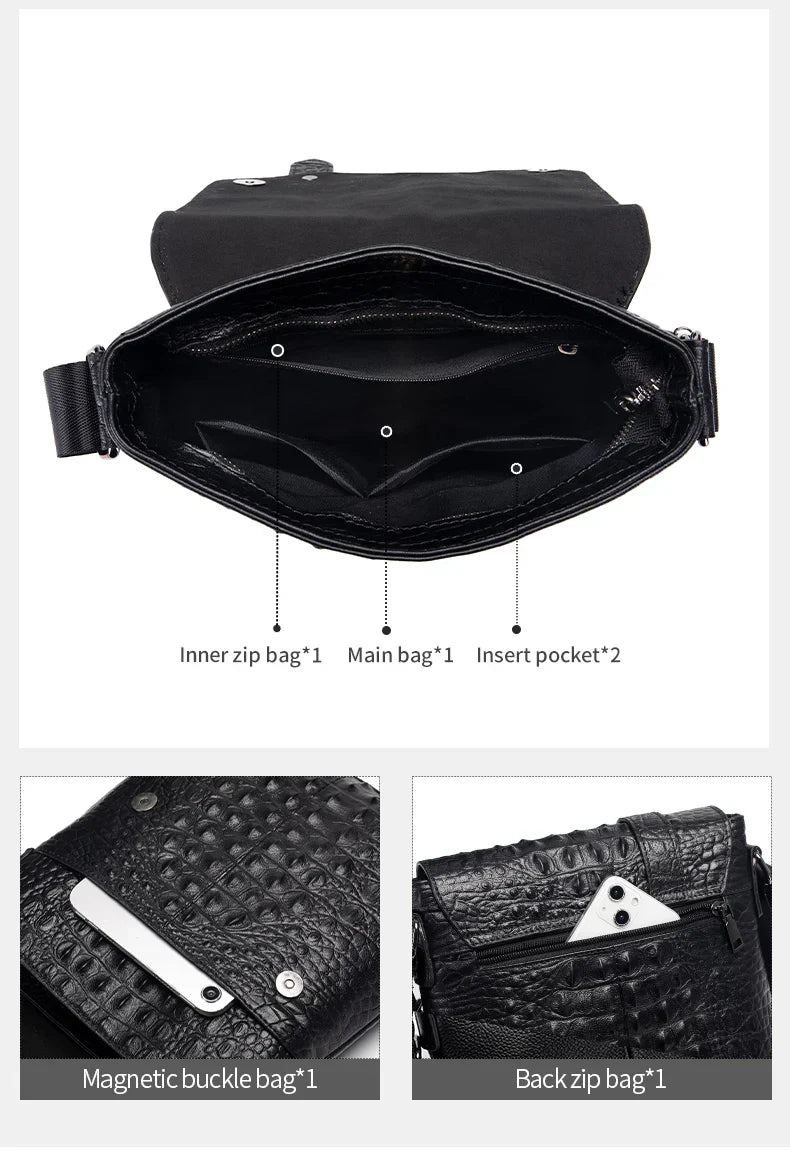 Genuine Leather Men's Crocodile Pattern Shoulder Bag Fashion Men Messenger Chest Bag Vintage Crossbody Travel Bag