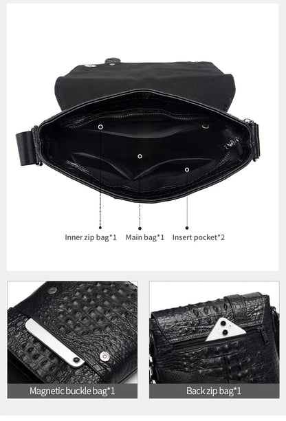 Genuine Leather Men's Crocodile Pattern Shoulder Bag Fashion Men Messenger Chest Bag Vintage Crossbody Travel Bag