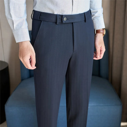 Men's Wool Blend Dress Pants, Elastic Waist Business Trousers, Tapered Slim Fit, Charcoal Gray Black Navy
