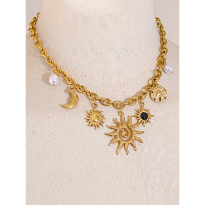 Trendy Starfish Moon Sun Shaped Pendant Charm Necklace Statement Stainless Steel Golden Chain Fashion Jewelry PVD Plated