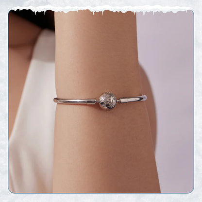 925 Sterling Silver Ice Flower Charm Bangle & Bracelet Glossy Basic Wrist Bangle for Women Pendant Beads DIY Xmas Jewelry