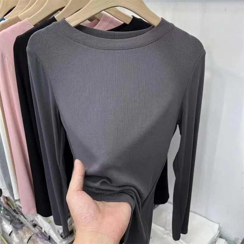 Outono Escritório Senhora Básica Gola Redonda Slim T-Shirt Feminina Cor Sólida Multicor Tendência Versátil Casual Top Manga Longa Elástico Canelado
