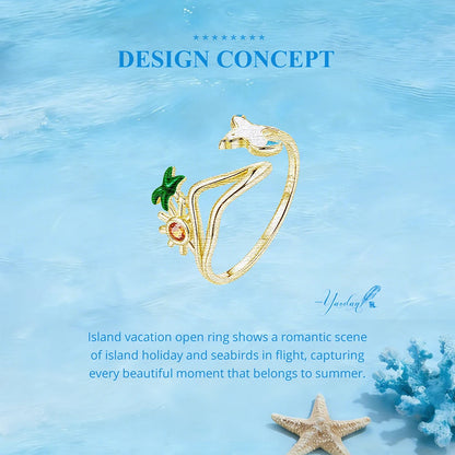 925 Sterling Silver Seagull & Island Open Ring, Adjustable Beach Vacation Rings Boho Style Jewelry with Green Palm