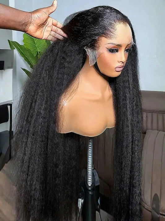 5x5 Kinky Straight Glueless Wigs Pre Cut Lace Kinky Straight Lace Front Wig  Yaki Straight Human Hair Wig For Woman 250% Density