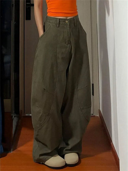 Army Green Baggye Jeans for Women High Waist Loose Vintage Y2k  Long Denim Pants Female Fashion Streetwear Washed Jeans
