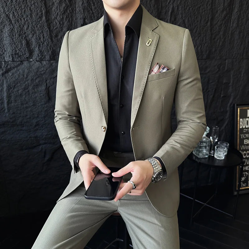 Men's Korean Style Slim Fit Suit Set, High Quality Fabric Solid Color Edge Pressing for Wedding Business