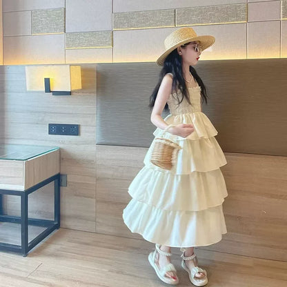 Girls Sling Dress Summer Children Layers Slip Long Gown Kids Birthday Party Vestidos Clothes Teen Casual Sleeveless Dress 4-12Y