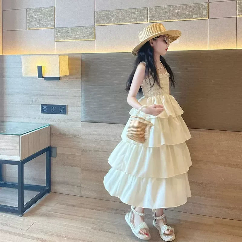 Girls Sling Dress Summer Children Layers Slip Long Gown Kids Birthday Party Vestidos Clothes Teen Casual Sleeveless Dress 4-12Y