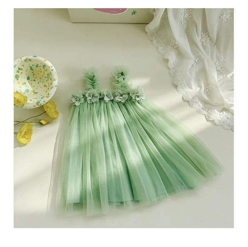 1-6 Y Girls Dresses  3D Flower A Line Dress for Girls Sleeveless Camisole Mesh Dress