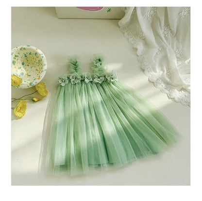 1-6 Y Girls Dresses  3D Flower A Line Dress for Girls Sleeveless Camisole Mesh Dress