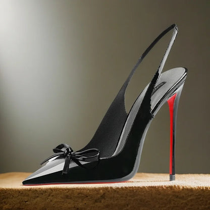 New black nude wine red patent leather pointed small bow back empty style plus size socialite high-heeled sandals